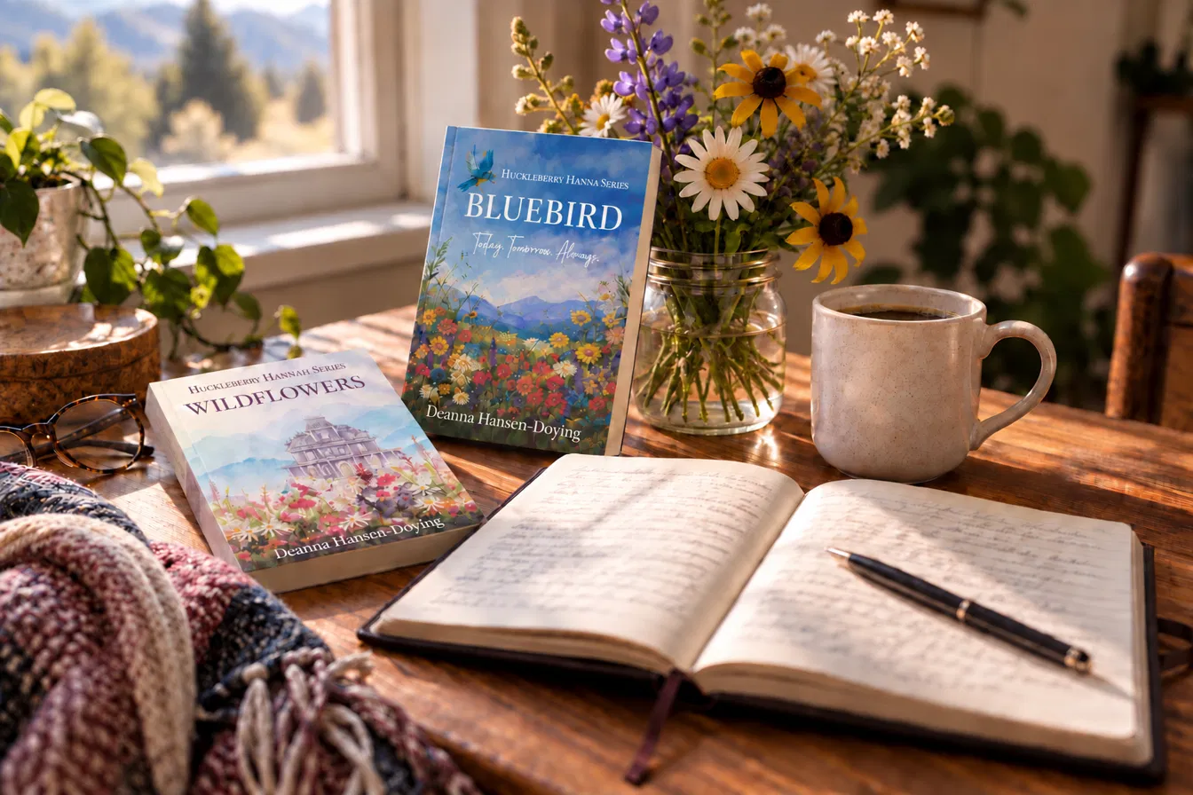 Books, flowers, coffee, and writing materials representing Deanna Hansen-Doying's literary work